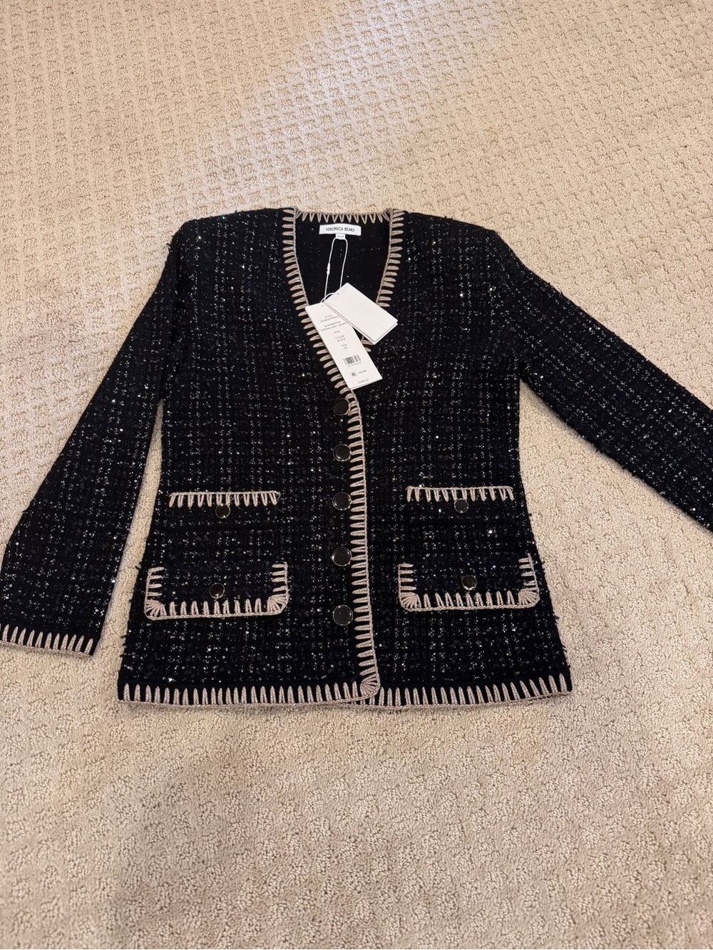 Veronica Beard Ceriani Black Tweed Button-Front Jacket with Contrast Trim NWT